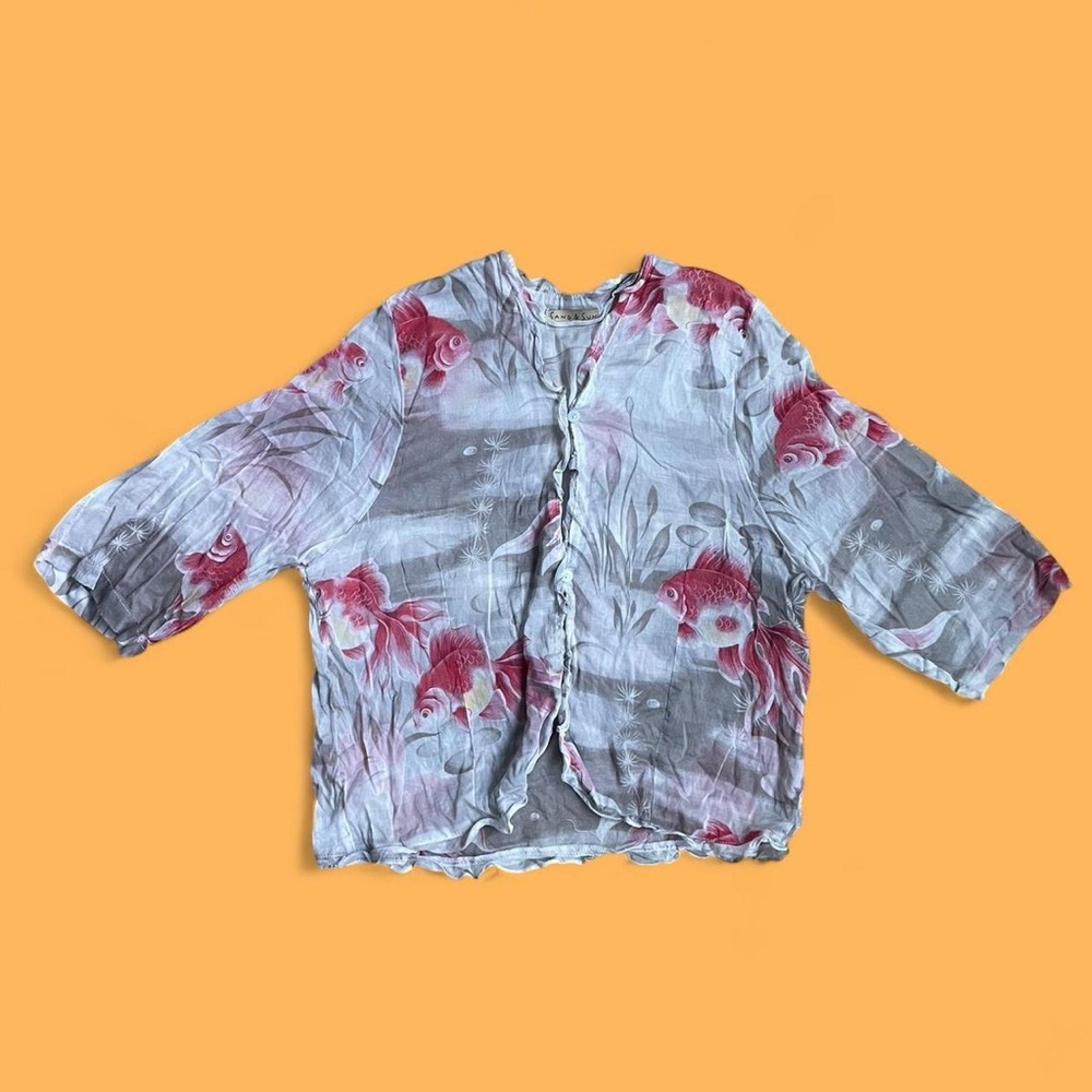 Goldfish Print Half Sleeve Button Up Blouse